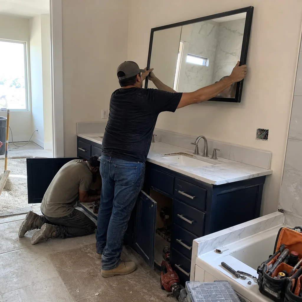 Two contractors performing professional bathroom remodeling and cabinet installation