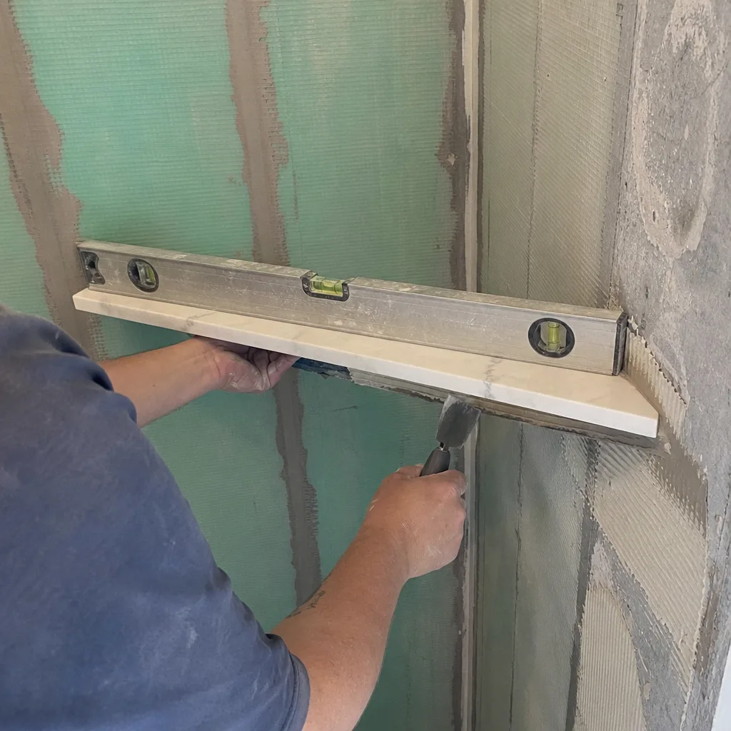 Contractor installing a marble shower niche shelf with a level.