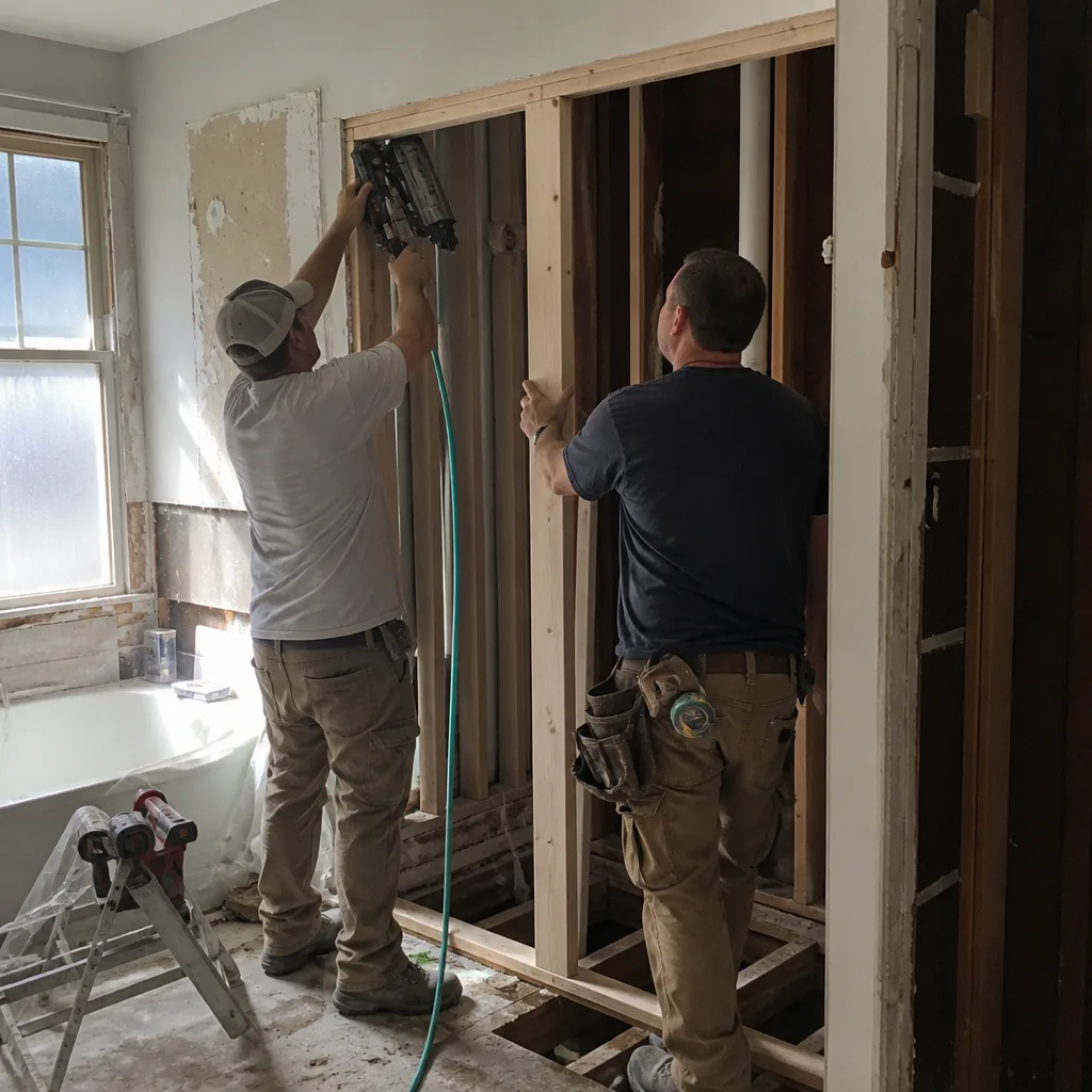 Two professional contractors installing wood wall framing during a bathroom remodel.