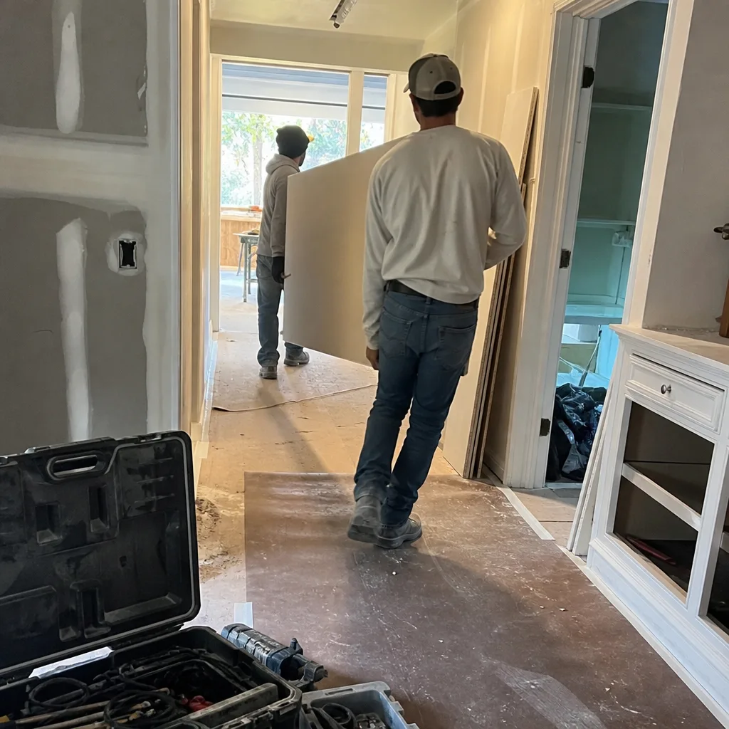 Two construction workers carrying a large sheet of drywall indoors