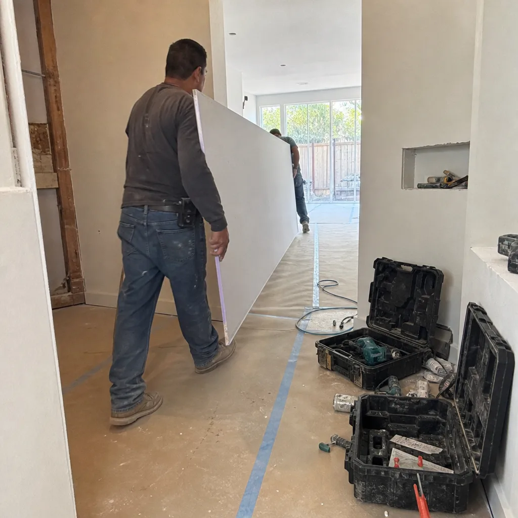 General contractor workers carrying drywall during a home renovation project