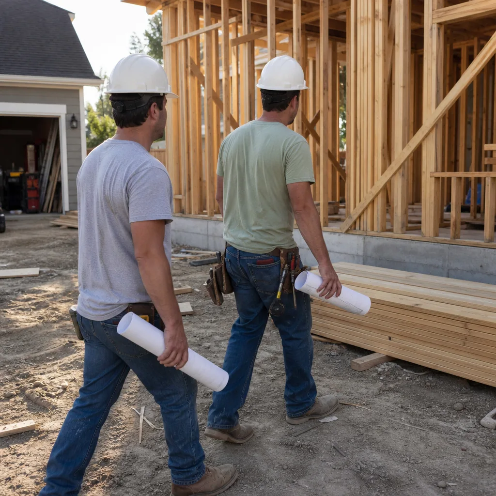 Two construction professionals carrying blueprints at a home renovation building site