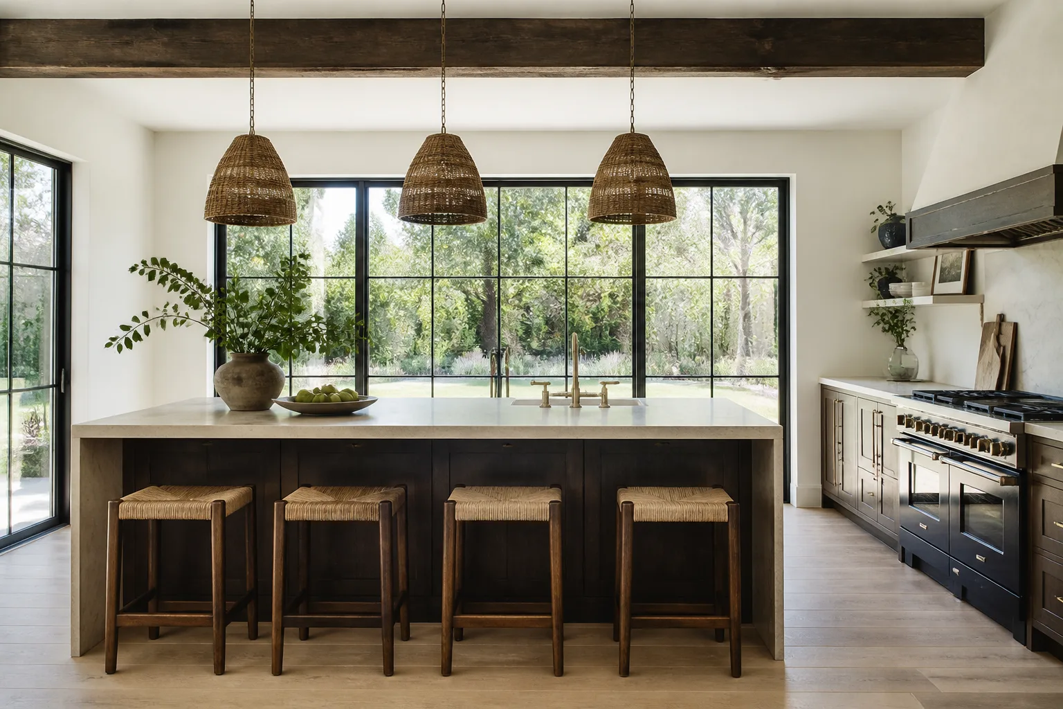 A remodeled kitchen with a waterfall island and wood cabinets