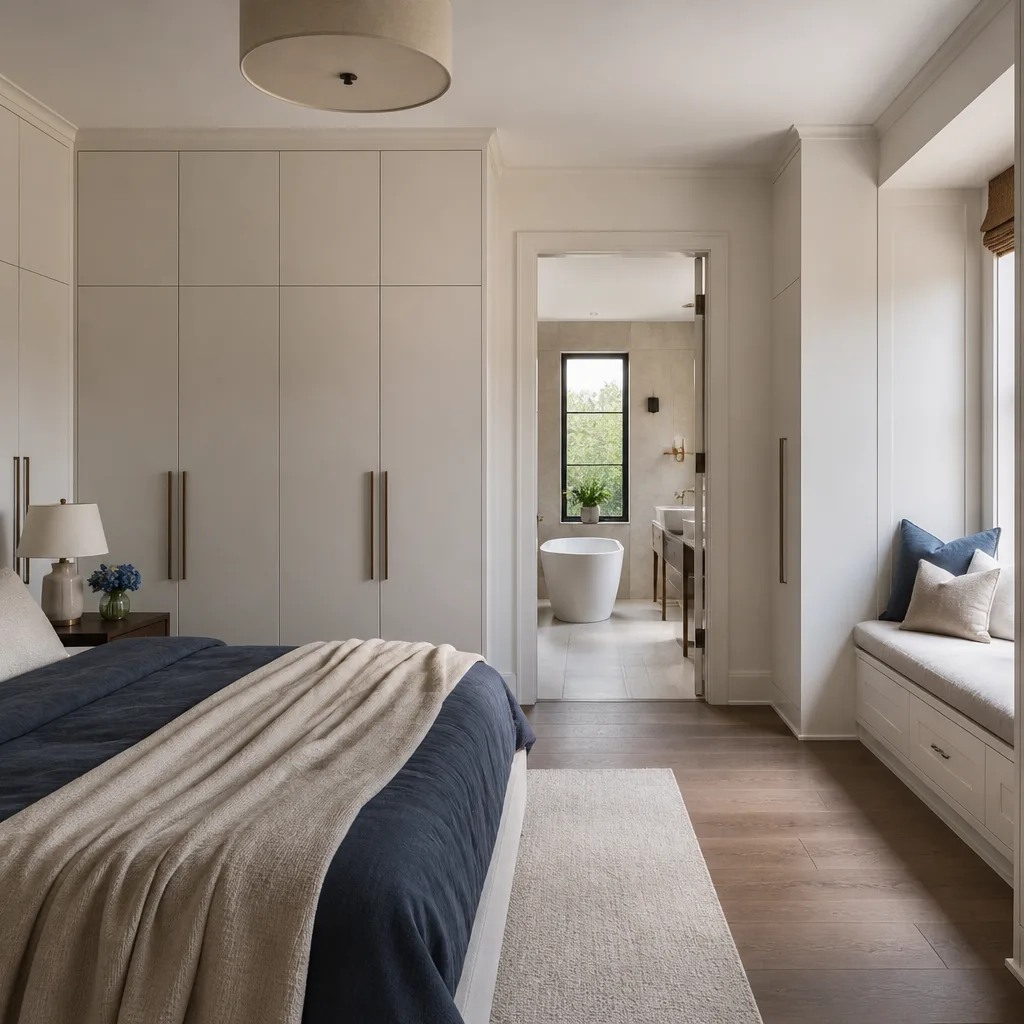 A remodeled primary suite with built-in wardrobes and a window seat
